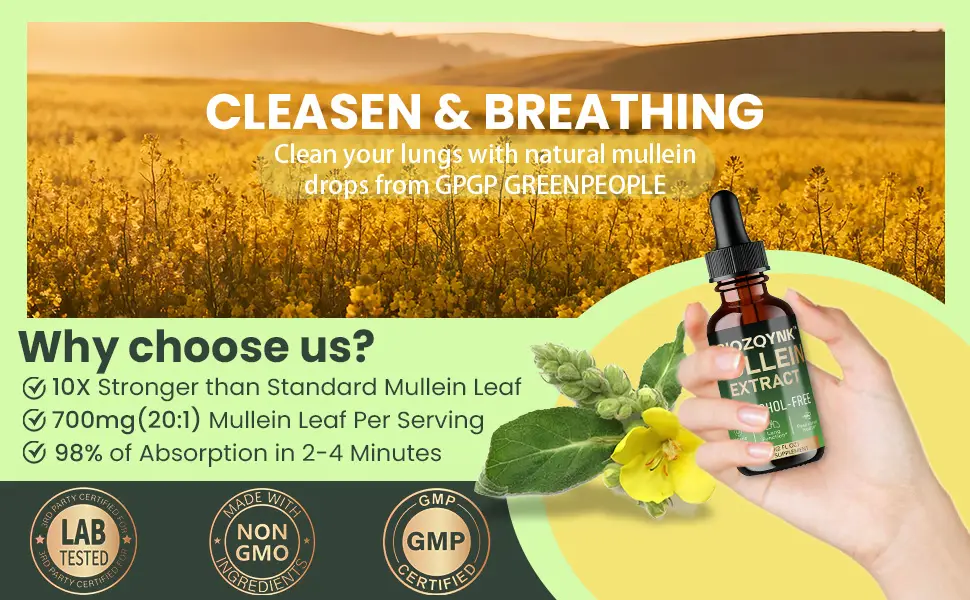 BIOZQYNK Mullein Drops Lung Cleanse - Leaf Extract - Powerful Mullein for Immune Support Detox & Respiratory Support- Lung Cleanse for Smokers Vegan Alcohol-Free (2 fl oz) - product information 4