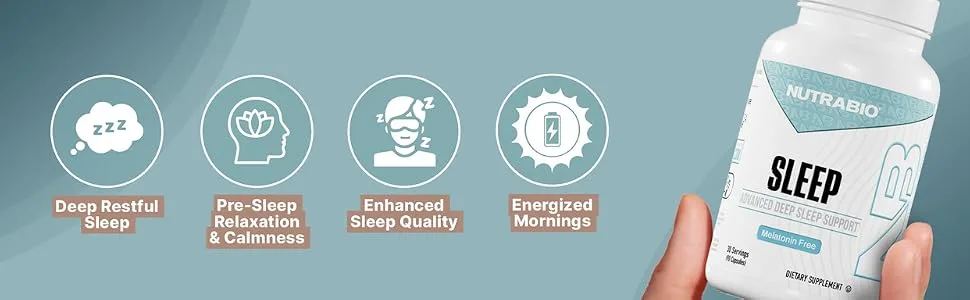 NutraBio Sleep - Advanced Deep Sleep Supplement - Restorative Natural Sleep Aid Reduces Restlessness - Melatonin Free Sleep Aid - 30 Servings- 90 Capsules - Deep Restful Sleep