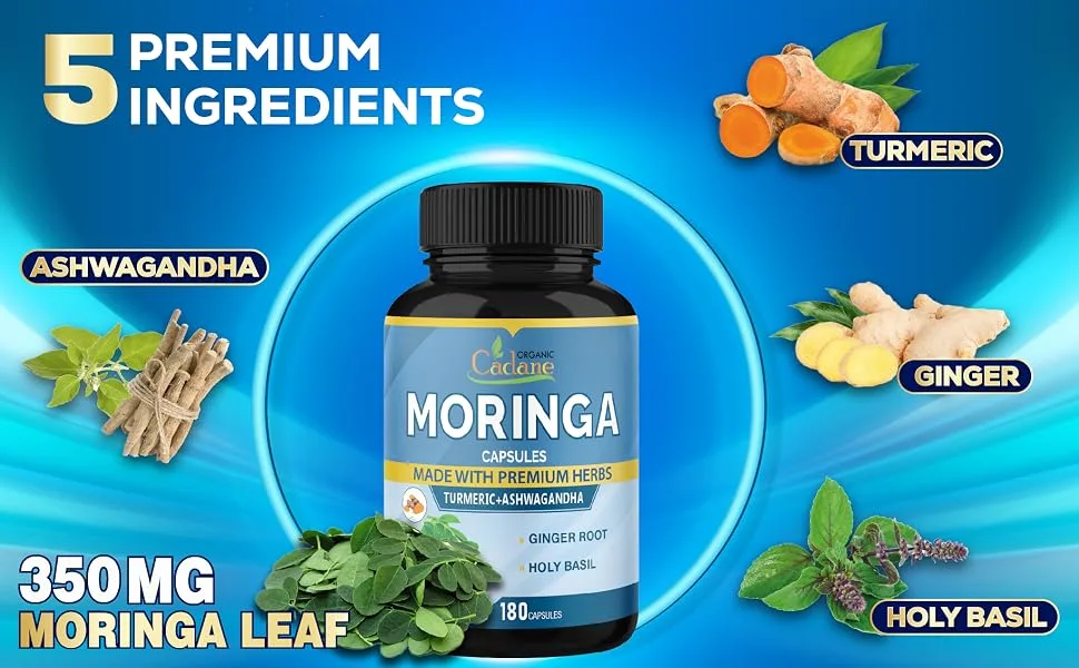 Cadane Moringa Extract Capsules 6 Months Supply with Ashwagandha Root Tulsi Ginger Turmeric - 180 Capsules - morinaga capsules moringa oleifera capsules moringa leaf capsules moringa leaf extract
