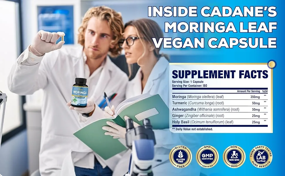 Cadane Moringa Extract Capsules 6 Months Supply with Ashwagandha Root Tulsi Ginger Turmeric - 180 Capsules - moringa supplement moranga moringa powder capsules morenga moringa oleifera morgina maranga pills