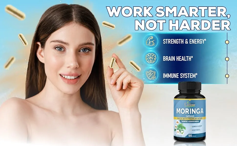 Cadane Moringa Extract Capsules 6 Months Supply with Ashwagandha Root Tulsi Ginger Turmeric - 180 Capsules - moringo moring moringa extract moronga moringa capsules powder morniga miringa moribga mornings