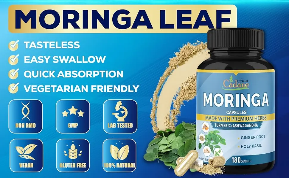 Cadane Moringa Extract Capsules 6 Months Supply with Ashwagandha Root Tulsi Ginger Turmeric - 180 Capsules - morning supplements moringa benefits maranga morinaga morinha capsules mori ga morimga