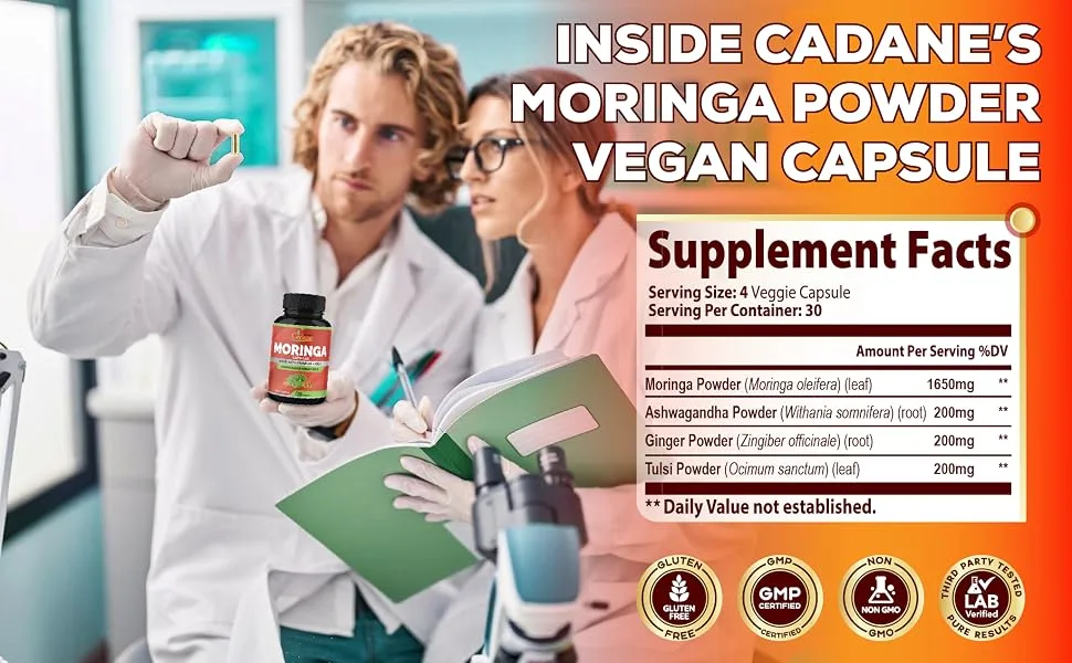 Organic Cadane Moringa Powder Capsules 4in1 with Ashwagandha Ginger Holy Basil Tulsi - Immune Support - Oleifera Leaf Powder Herb Supplements 120 Capsules - moringa supplement moringa powder capsules morenga moringa oleifera morgina maranga pills