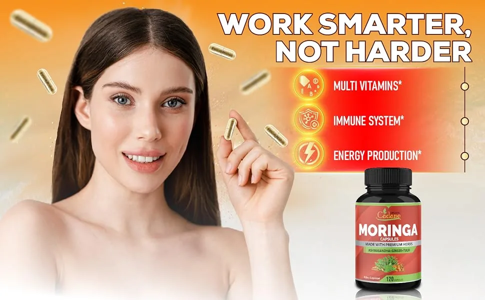 Organic Cadane Moringa Powder Capsules 4in1 with Ashwagandha Ginger Holy Basil Tulsi - Immune Support - Oleifera Leaf Powder Herb Supplements 120 Capsules - moringo moring moringa extract moronga moringa capsules powder morniga miringa moribga mornings