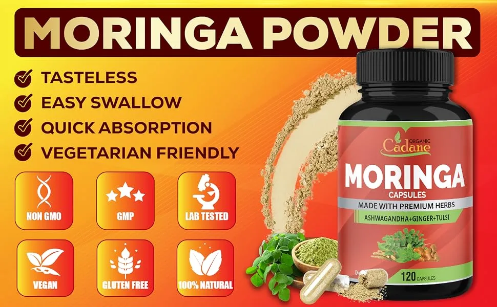 Organic Cadane Moringa Powder Capsules 4in1 with Ashwagandha Ginger Holy Basil Tulsi - Immune Support - Oleifera Leaf Powder Herb Supplements 120 Capsules - morning supplements moringa benefits maranga morinaga morinha capsules mori ga morimga