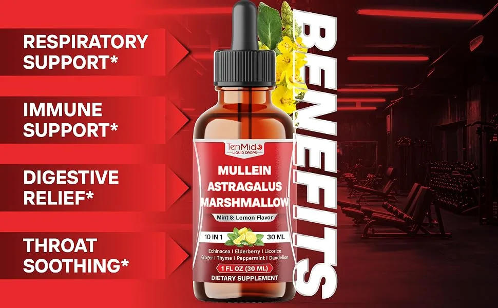 Tenmido 10in1 Mullein Tincture - Mullein Leaf Extract Drops with Astragalus Marshmallow Root Echinacea Elderberry Licorice Ginger Thyme Leaf Peppermint and Dandelion - 30 Days Supply - 1FL Oz - liquid mullein extract for lungs mullein supplement mullein amazon mullein oil for lungs