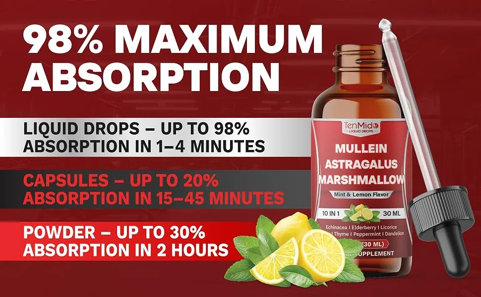 Tenmido 10in1 Mullein Tincture - Mullein Leaf Extract Drops with Astragalus Marshmallow Root Echinacea Elderberry Licorice Ginger Thyme Leaf Peppermint and Dandelion - 30 Days Supply - 1FL Oz - mullein drop for lungs mullein supplements for lungs mullein respiratory drops mullen dropper