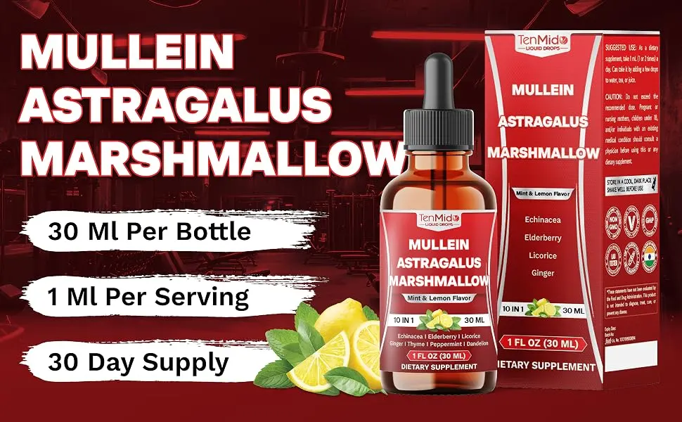 Tenmido 10in1 Mullein Tincture - Mullein Leaf Extract Drops with Astragalus Marshmallow Root Echinacea Elderberry Licorice Ginger Thyme Leaf Peppermint and Dandelion - 30 Days Supply - 1FL Oz - mullein drops for lungs mullein mullein leaf extract for lungs mullein leaf mullein drops