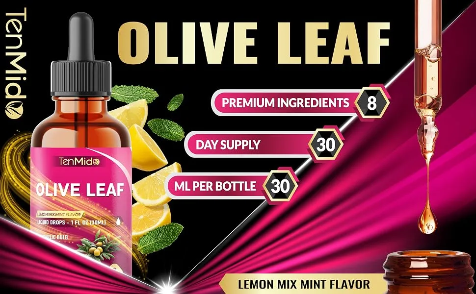 Tenmido Olive Leaf Extract Liquid - 8in1 with Garlic Oregano Curcumin Elderberry Dandelion Ginger and Peppermint - Vegan Non-GMO - 30ml 1 Fl Oz - olive oil olive leaf extract olive olive leaf olive leaf extract liquid olive leaves oleuropein