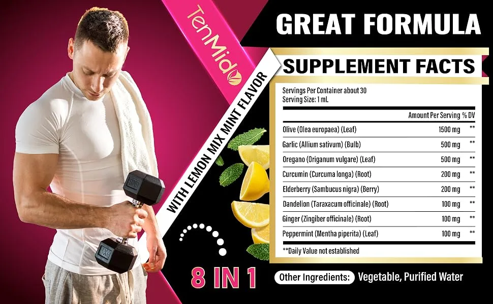 Tenmido Olive Leaf Extract Liquid - 8in1 with Garlic Oregano Curcumin Elderberry Dandelion Ginger and Peppermint - Vegan Non-GMO - 30ml 1 Fl Oz - olive oil supplements olive leaf supplement olive extract o olive oil olive leaf oil