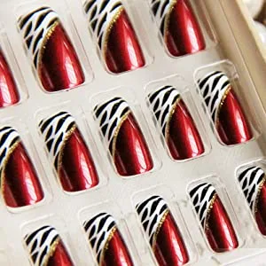 YUNAI 24 PCS Medium Length Full Cover False Nails French Ellipse Red Wine Oblique Leopard Fake Nails - 24pcs,12 different size tips
