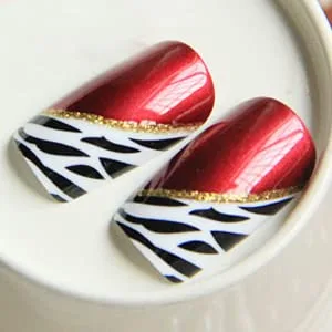 YUNAI 24 PCS Medium Length Full Cover False Nails French Ellipse Red Wine Oblique Leopard Fake Nails - Medium length,suitable thickness, durable