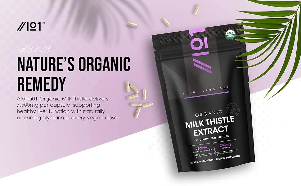 ALPHA01 Organic Milk Thistle Extract 7500mg 80% Silymarin Flavonoids 30:1 Extract 60 Vegan Capsules - Standardized and Concentrated 30X Extract - 0.00