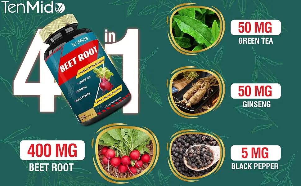 Beet Root Extract Capsules 4 Months Supply & Green Tea Ginseng Black Pepper | Increased Energy Athletic Performance Supports Boosts Stamina | Nutritional Workout Supplements - beet root extract beetroot supplement organic beet root capsules beet root powder capsules