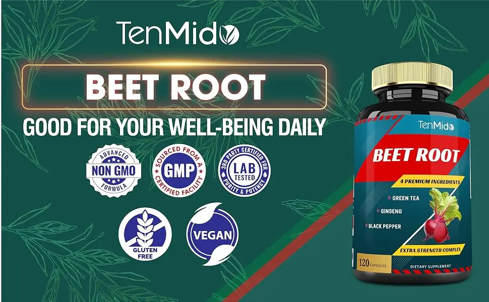 Beet Root Extract Capsules 4 Months Supply & Green Tea Ginseng Black Pepper | Increased Energy Athletic Performance Supports Boosts Stamina | Nutritional Workout Supplements - beets pills beet extract red beets supplements beet root extract capsules beat root capsules