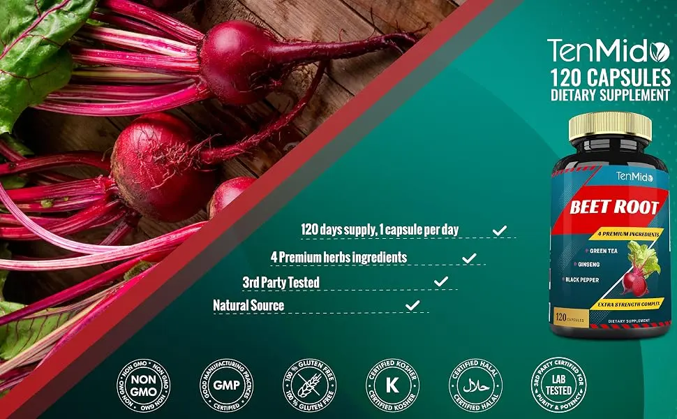 Beet Root Extract Capsules 4 Months Supply & Green Tea Ginseng Black Pepper | Increased Energy Athletic Performance Supports Boosts Stamina | Nutritional Workout Supplements - total beets capsules beet root supplements for men beet vitamins beet root pills beet supplements