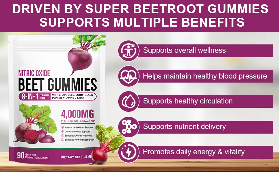CSDLQNF Beet Root Gummies 4000mg - 8-in-1 Heart & Circulation Support Supplement - High Potency Beet Chews with Beetroot Grape Seed CoQ10 Vitamin C & B12 - Mixed Berry Flavor Vegan 90 Count - Beet root gummies