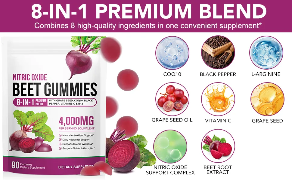 CSDLQNF Beet Root Gummies 4000mg - 8-in-1 Heart & Circulation Support Supplement - High Potency Beet Chews with Beetroot Grape Seed CoQ10 Vitamin C & B12 - Mixed Berry Flavor Vegan 90 Count - Beet root gummies