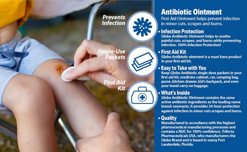 Globe (25 Packets First Aid Antibiotic Ointment 0.9g Single Packet First Aid Kit for Minor Scratches Wounds Cuts and Burns Prevents Infection Travel Size - Neomycin
