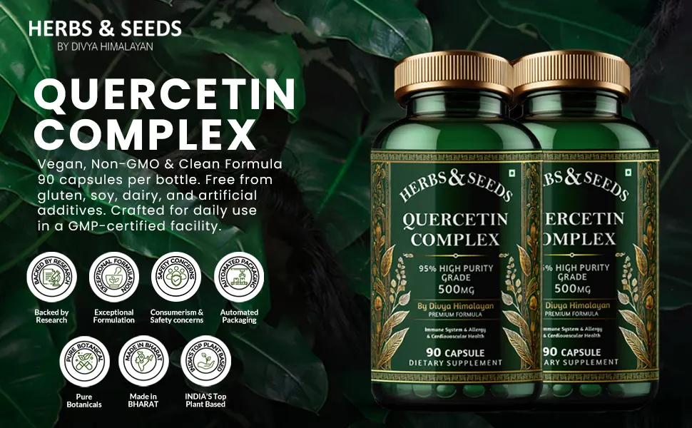 HERBS & SEEDS Quercetin Complex 500mg Supplement Natural Vegan Sources with Bioflavonoids & Potent Antioxidants for Cellular Health Support & Promotes Immunity 90 Capsules - Quercetin Complex