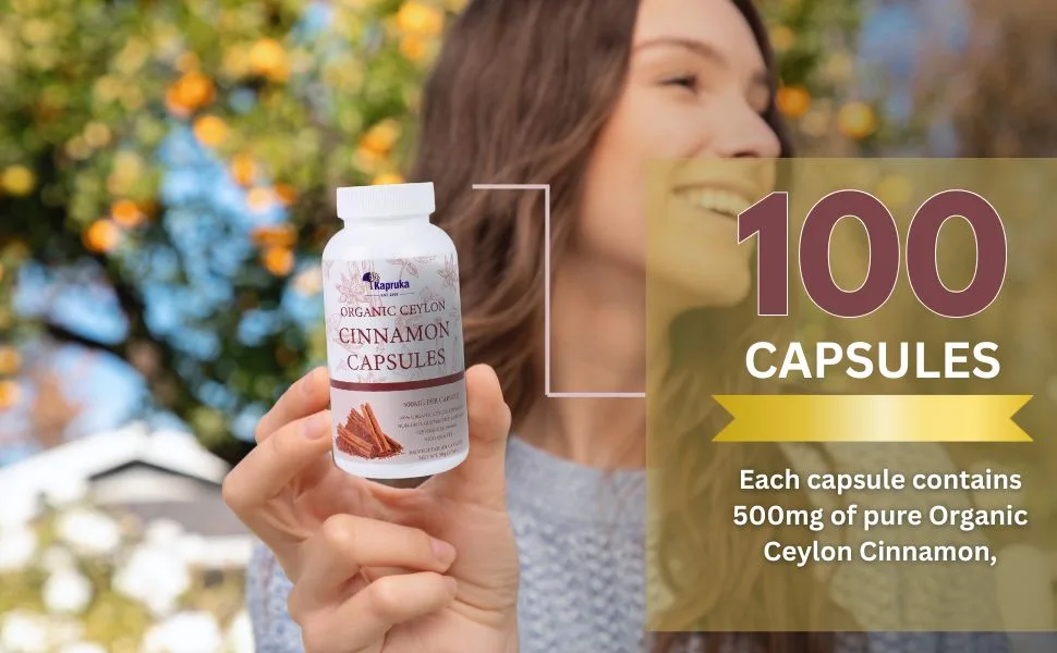 KAPRUKA Organic Ceylon Cinnamon Capsules 1000 mg (2 Capsules) | 100 Capsules 100% Organic Ceylon Cinnamon Pills Vegan Cinnamon Tablets - Cinnamon Capsules