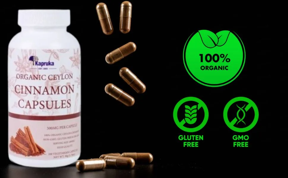 KAPRUKA Organic Ceylon Cinnamon Capsules 1000 mg (2 Capsules) | 100 Capsules 100% Organic Ceylon Cinnamon Pills Vegan Cinnamon Tablets - Cinnamon Capsules