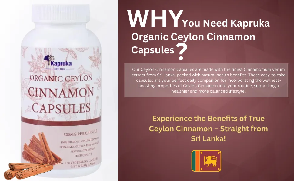 KAPRUKA Organic Ceylon Cinnamon Capsules 1000 mg (2 Capsules) | 100 Capsules 100% Organic Ceylon Cinnamon Pills Vegan Cinnamon Tablets - Cinnamon Capsules