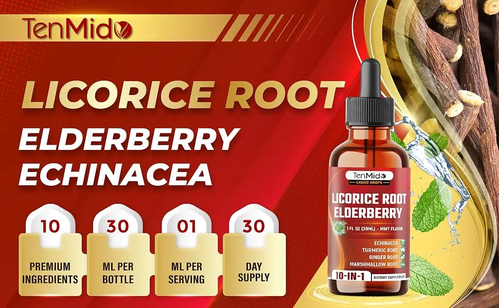 Tenmido 10in1 Licorice Root Extract Liquid Drops with Elderberry Echinacea Turmeric Ginger Marshmallow Root Oregano Peppermint Slippery Elm and Aloe Vera - 30ml 1 Fl Oz - licorice licorice root licorice root extract deglycyrrhizinated licorice licorice extract