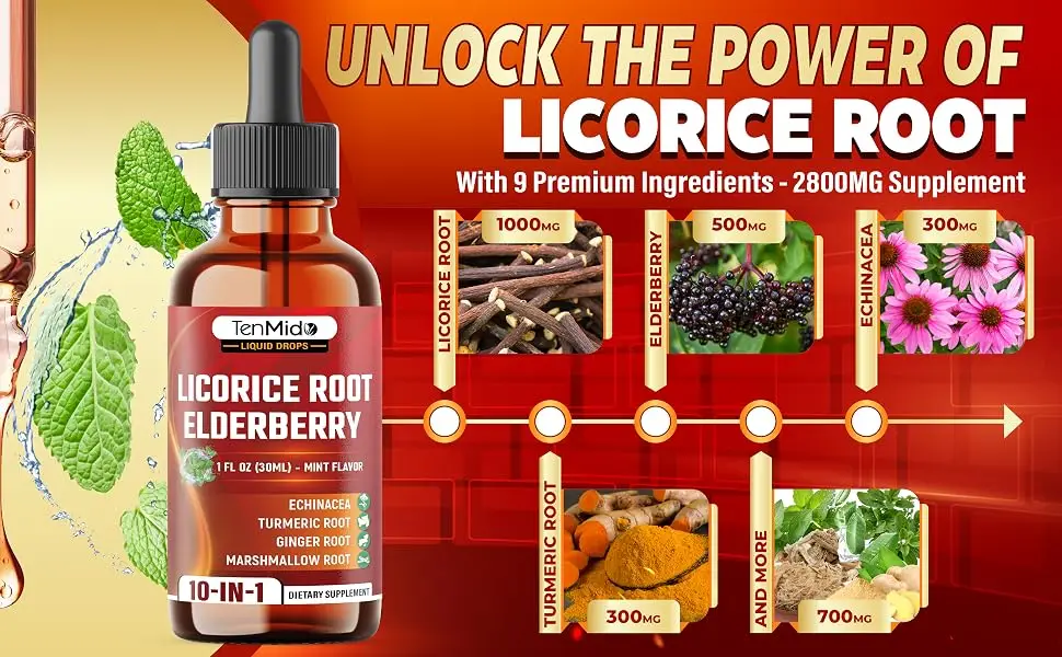 Tenmido 10in1 Licorice Root Extract Liquid Drops with Elderberry Echinacea Turmeric Ginger Marshmallow Root Oregano Peppermint Slippery Elm and Aloe Vera - 30ml 1 Fl Oz - licorice root oil licorice root supplement liquid licorice root extract licorice supplement