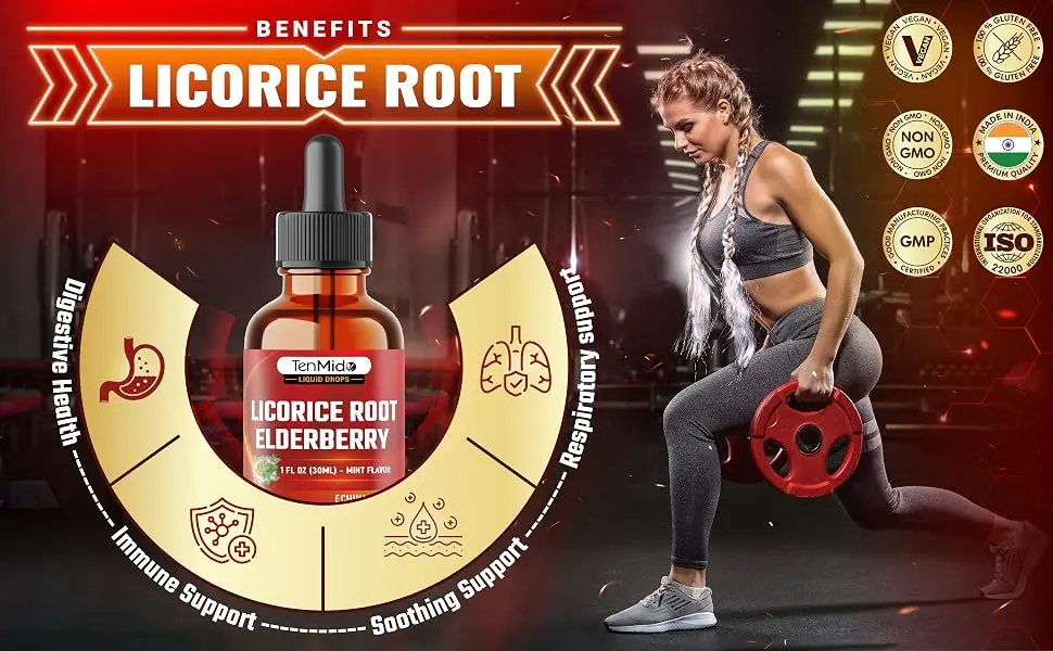 Tenmido 10in1 Licorice Root Extract Liquid Drops with Elderberry Echinacea Turmeric Ginger Marshmallow Root Oregano Peppermint Slippery Elm and Aloe Vera - 30ml 1 Fl Oz - liquorice root extract deglycyrrhizinated licorice dgl licorice oil licrice root licorice tincture