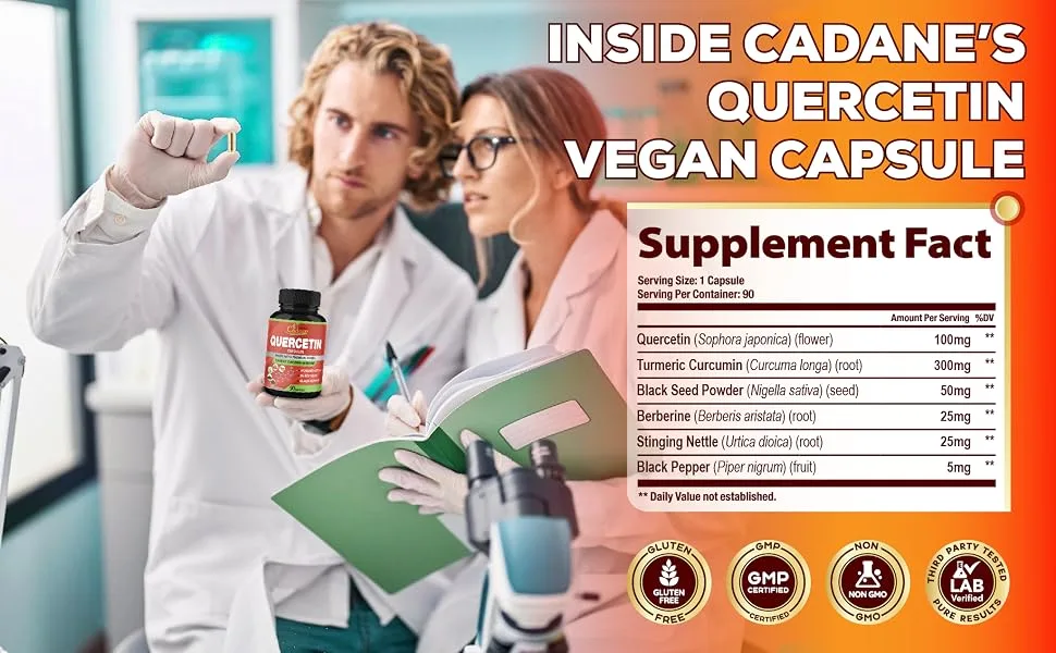 Organic Cadane Quercetin Extract Capsules - Combined Turmeric Berberine Nettle Leaf & More - 90 Capsules 3 Months Supply - quercetin supplements quercetin complex quercetin supplement quercetin dihydrate quercetin 500 mg