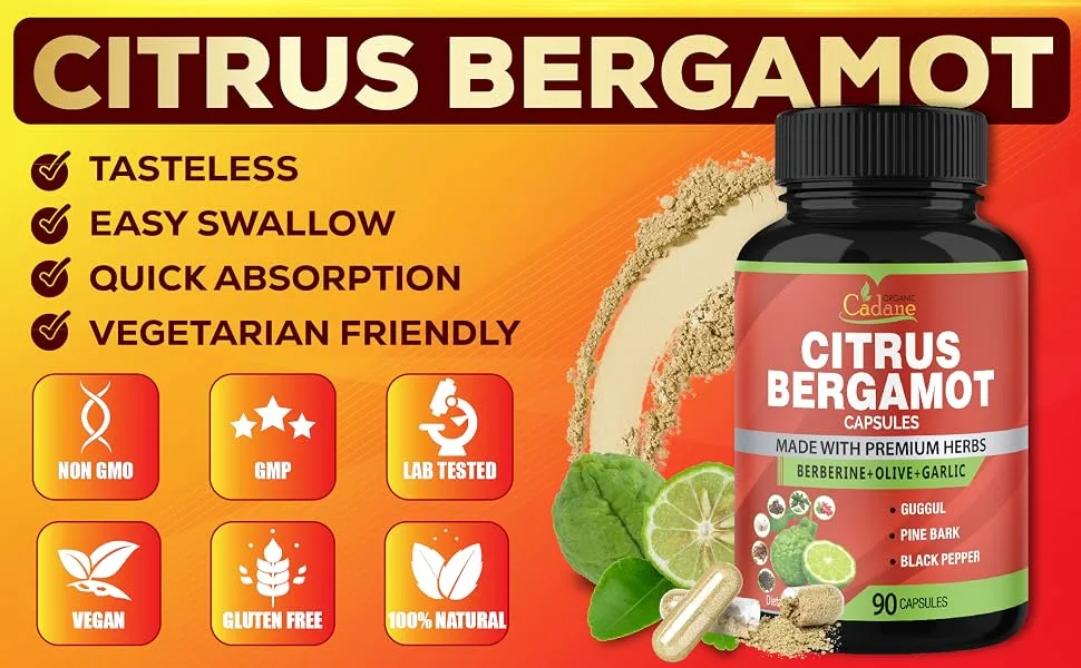 Organic Cadane Citrus Bergamot Supplement Extract Capsules 90 Caps 3 Months Supply & Berberine Olive Guggul Garlic Pine Bark Black Pepper - bergamot herb bergamot supplements bergamot citrus bergamonte citrus bergamot whole citrus bergamot