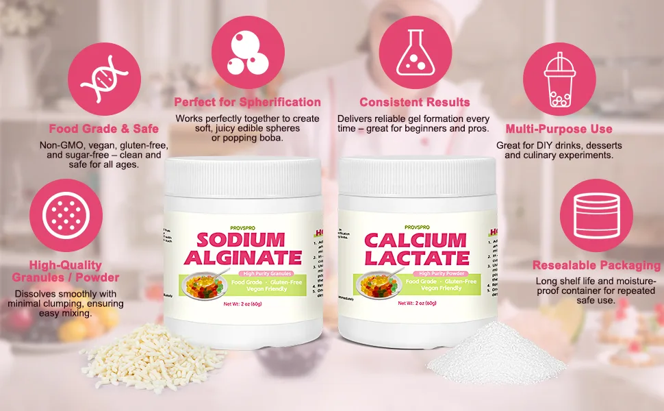 DIY Popping Boba Kit Make Juice Pearls at Home | Sodium Alginate & Calcium Lactate Set 2oz Each Food Grade Molecular Gastronomy Starter Kit - thickener