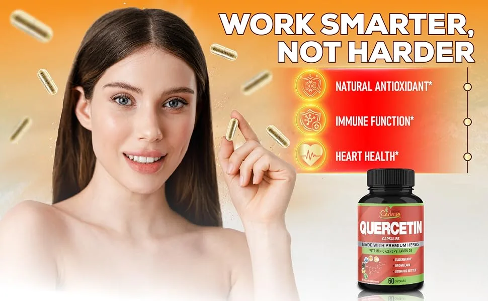Organic Cadane Quercetin Extract Capsules - Combined with VitC Zn.C VitD3 Elderberry Bromelain Nettle Ginger Echinacea Garlic Pepper - 60 Capsules - quercertin wuercetin quercetin with quercitin supplements querctin capsules qercetin queritin