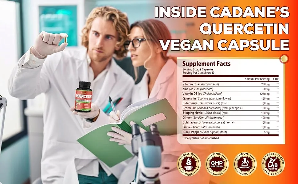 Organic Cadane Quercetin Extract Capsules - Combined with VitC Zn.C VitD3 Elderberry Bromelain Nettle Ginger Echinacea Garlic Pepper - 60 Capsules - quercetin complex quercetin supplement quercetin dihydrate quercetina quercetin capsules