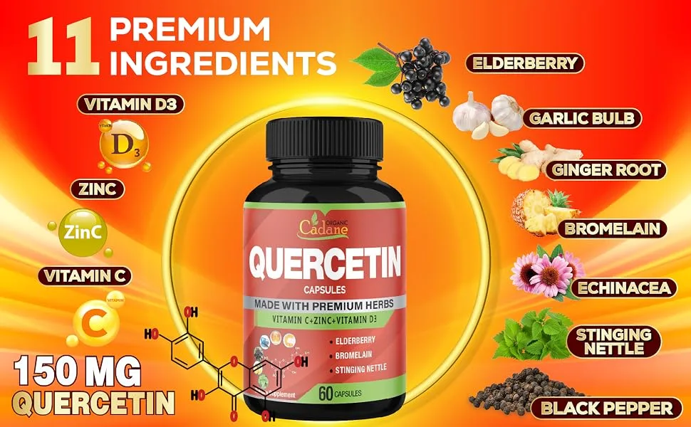 Organic Cadane Quercetin Extract Capsules - Combined with VitC Zn.C VitD3 Elderberry Bromelain Nettle Ginger Echinacea Garlic Pepper - 60 Capsules - quercitin capsules quercetine quercerin quercetin nettles quercetin plus quecertin