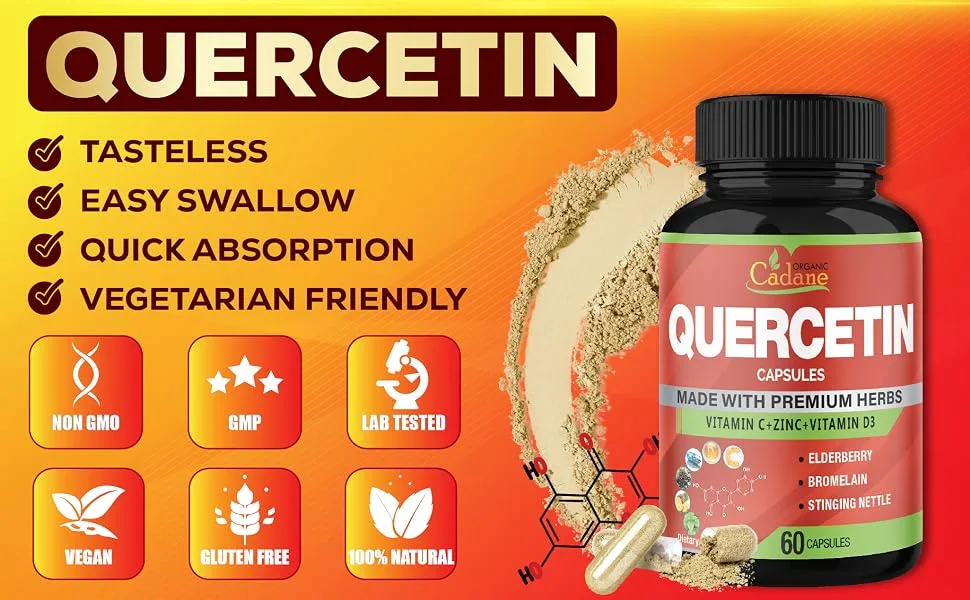 Organic Cadane Quercetin Extract Capsules - Combined with VitC Zn.C VitD3 Elderberry Bromelain Nettle Ginger Echinacea Garlic Pepper - 60 Capsules - turmeric quercetin bromelain quercetin with vitamin c and zinc nettle quercetin capsules