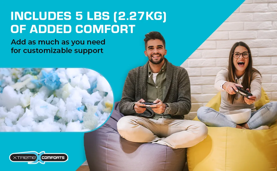 Xtreme Comforts 5 LBS Bean Bag Filler w/Shredded Memory Foam - Pillow Stuffing Material for Couch Pillows  Cushions  Bean Bag Refill Filling  & More Poly Fil/Polyfill Stuffing Needs (5 Pounds) - People sitting in bean bag chairs stuffed with xtreme comforts shredded memory foam