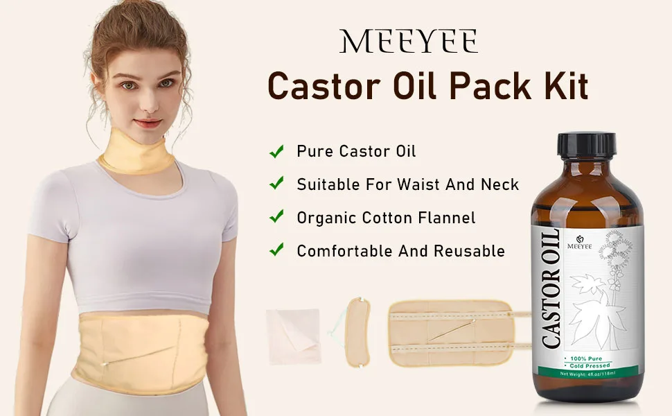 MEEYEE Castor Oil Pack for Detox: 100% Pure Cold-Pressed Oil in Glass Bottle with Cotton Wraps for Liver Support - Castor Oil Pack