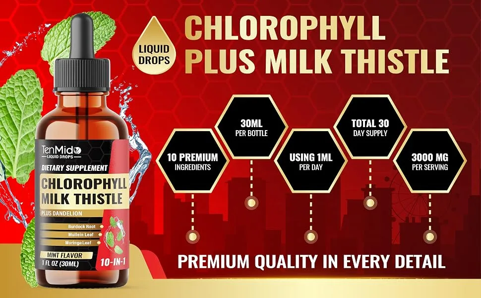 Tenmido 10in1 Chlorophyll Liquid Drops with Mullein Milk Thistle Dandelion Burdock Root Moringa Neem Aloe Vera Peppermint and Ginger - 30 Days Supply - 1 FL Oz - chlorophyll chlorophyll liquid drops liquid chlorophyll chlorophyll drops clorofila
