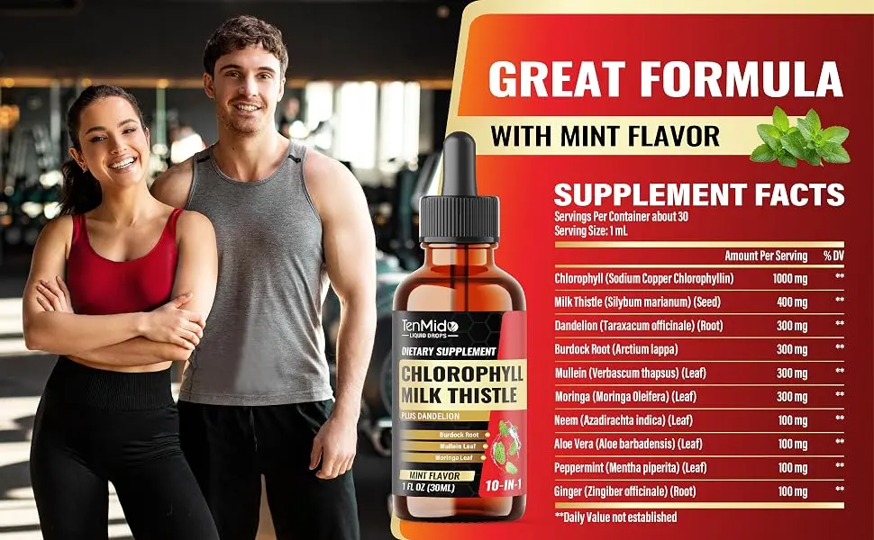 Tenmido 10in1 Chlorophyll Liquid Drops with Mullein Milk Thistle Dandelion Burdock Root Moringa Neem Aloe Vera Peppermint and Ginger - 30 Days Supply - 1 FL Oz - liquid chlorophyll supplements chyropll liquid liquid chlorophyll drops chlorophyll liquid