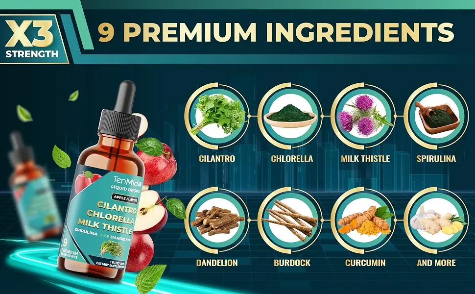 Tenmido 9in1 Cilantro Tincture - Herbal Extract Liquid Supplements with Chlorella Milk Thistle Spirulina Dandelion Burdock Root Curcumin Garlic and Ginger - 30ml 1 Fl Oz - cilanto cilantro tincture cilantro and chlorella dried cilantro leaves cilantro dried cilantro herbs