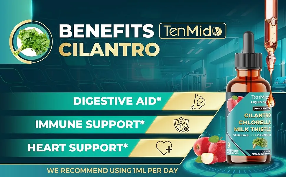 Tenmido 9in1 Cilantro Tincture - Herbal Extract Liquid Supplements with Chlorella Milk Thistle Spirulina Dandelion Burdock Root Curcumin Garlic and Ginger - 30ml 1 Fl Oz - tintura de cilantro cilantro chlorella cilantro drops chlorella and cilantro cilantro with chlorella