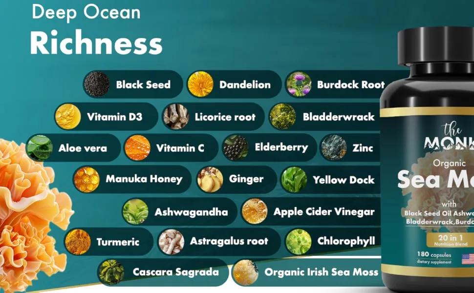 Organic Irish Sea Moss Capsules - Advance Formula Raw Wildcrafted Seamoss Supplement with Bladderwrack and Burdock Root - 180 Pills - Made in The USA - akeem pierre itish with 16 & dr.sebi eversmith organics elderberry dr. raspberry miss sink flow
