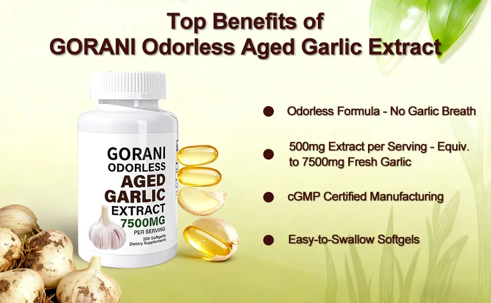 Gorani Odorless Aged Garlic Extract Capsules 7500mg 200 Softgels GMP-Certified Garlic Supplements - GORANl Odorless Aged Garlic