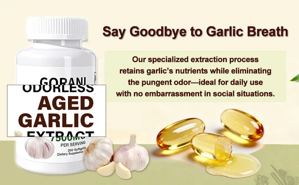 Gorani Odorless Aged Garlic Extract Capsules 7500mg 200 Softgels GMP-Certified Garlic Supplements - GORANl Odorless Aged Garlic