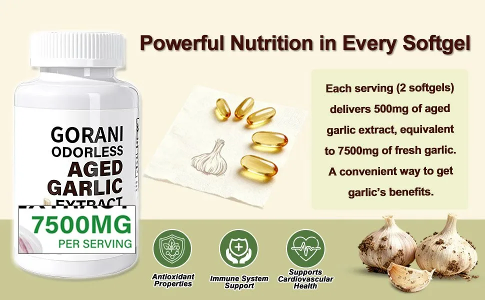 Gorani Odorless Aged Garlic Extract Capsules 7500mg 200 Softgels GMP-Certified Garlic Supplements - GORANl Odorless Aged Garlic