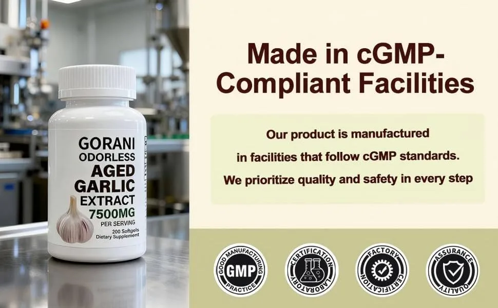 Gorani Odorless Aged Garlic Extract Capsules 7500mg 200 Softgels GMP-Certified Garlic Supplements - GORANl Odorless Aged Garlic