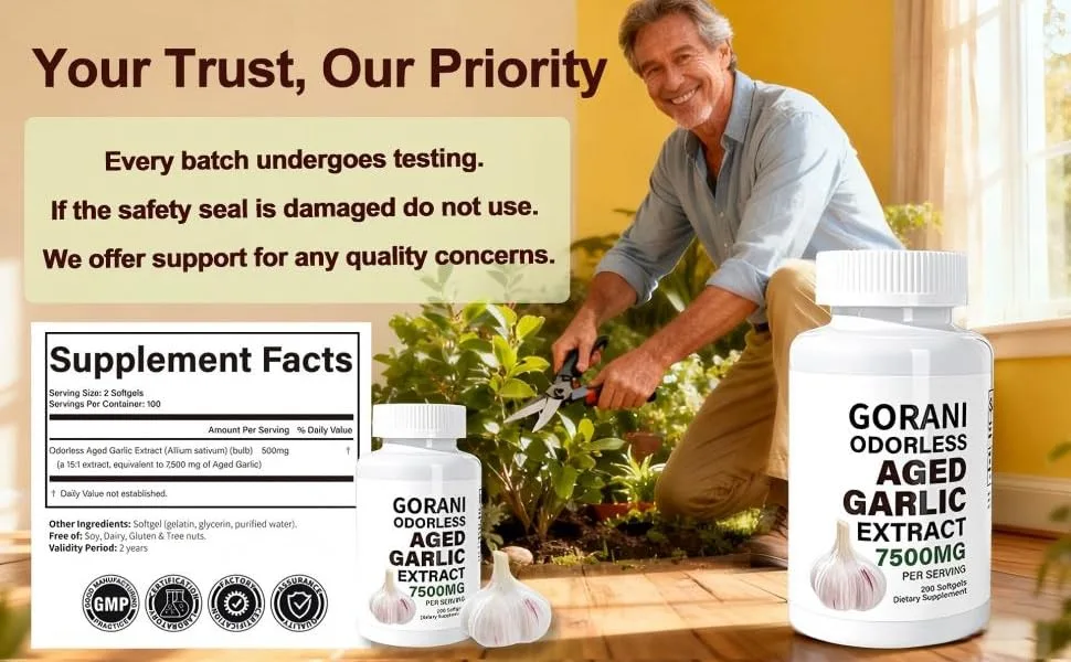 Gorani Odorless Aged Garlic Extract Capsules 7500mg 200 Softgels GMP-Certified Garlic Supplements - GORANl Odorless Aged Garlic