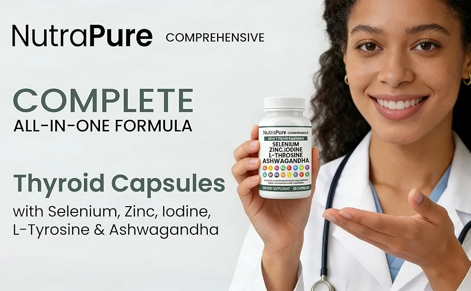 NutraPure Thyroid Support - Thyroid Support for Women & Men | Selenium Iodine L Tyrosine Ashwagandha Bladderwrack Turmeric Kelp Schisandra Zinc - 60 Capsules (1 Bottle) - NutraPure Thyroid Support